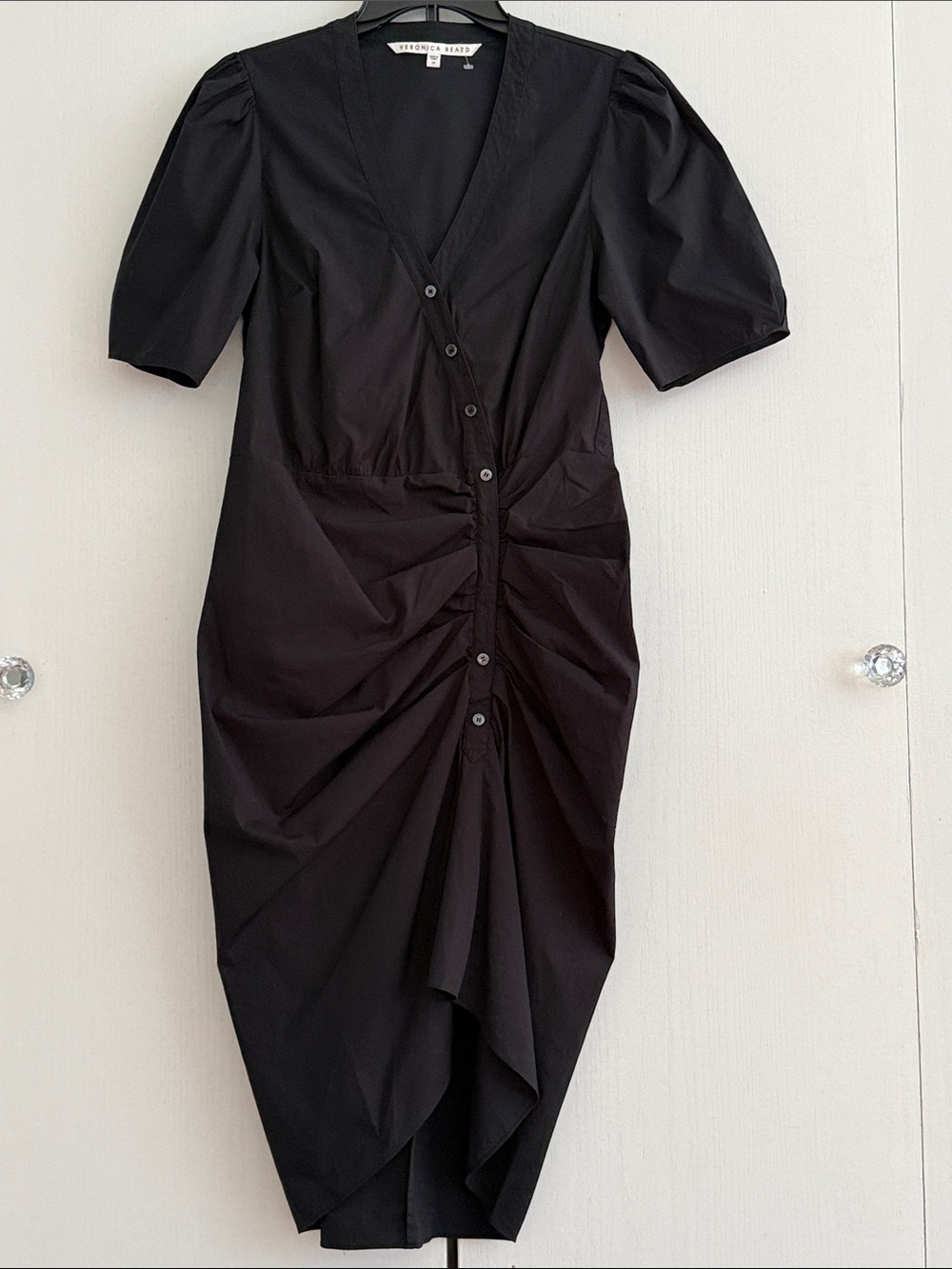 Veronica Beard Atia Cotton Poplin Ruched Stretch Button Front Black Dress Sz 12 - Picture 7 of 15